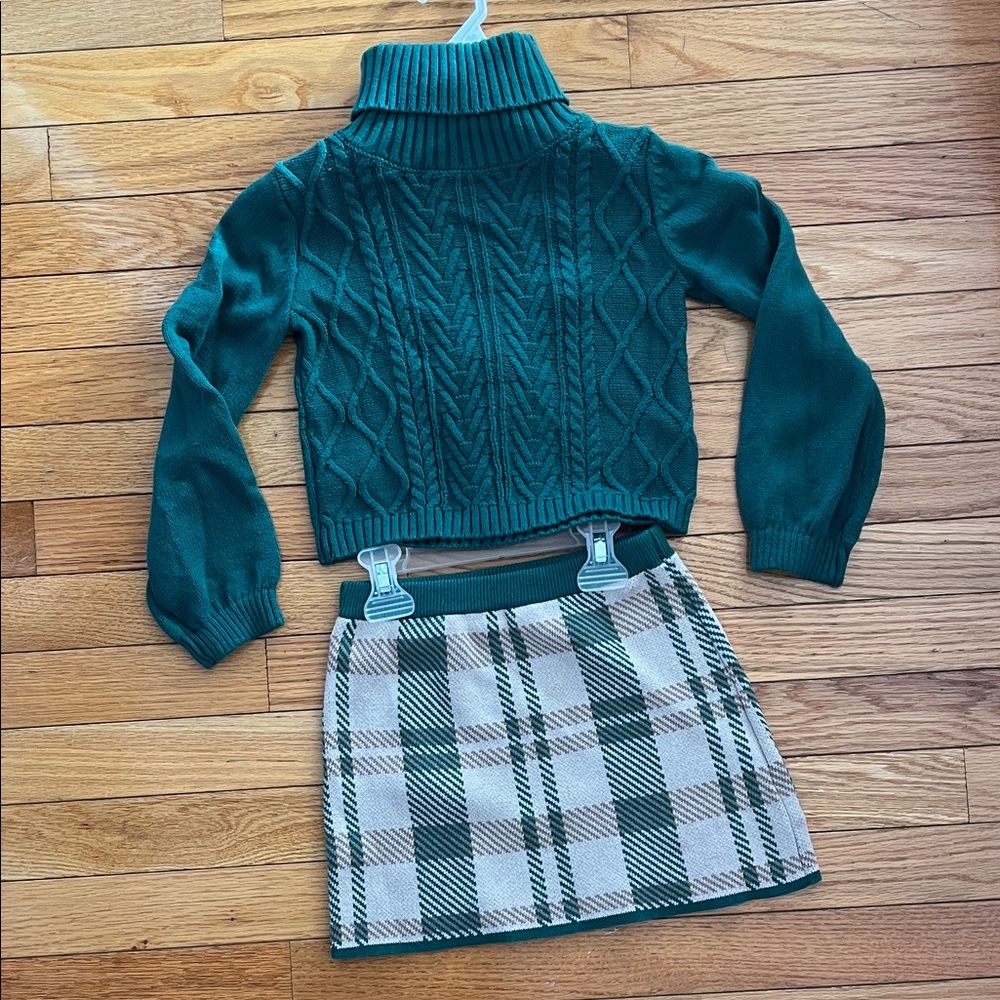 Tahari Teal Cable Knit Turtleneck and Plaid Skirt Set